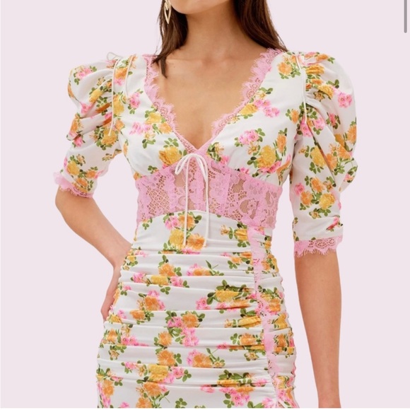 Women’s Xs Floral Dress For Love and Lemons Emma Midi Dress Silk w pink lace - Picture 4 of 8